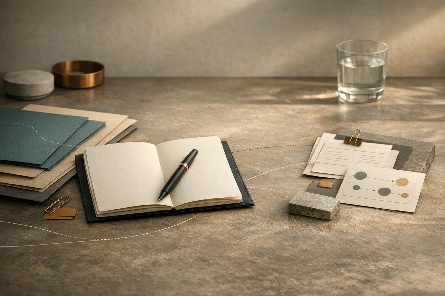 Premium editorial visual pokazujący uporządkowany pierwszy kontakt i przygotowanie briefu.